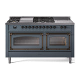 ILVE UN60FSNMPBGB Nostalgie II Noblesse 60 inch Dual Fuel Range (7 Sealed Burners + Griddle + French Top, Natural Gas, Triple Glass Door, Blue Grey, Burnished)