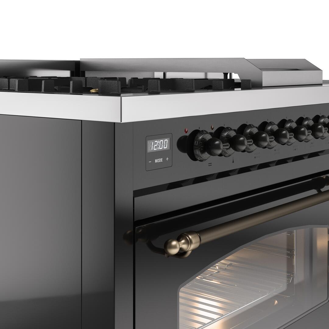 Nostalgie II 48 Inch Dual Fuel Natural Gas Freestanding Range in Glossy Black with Bronze Trim