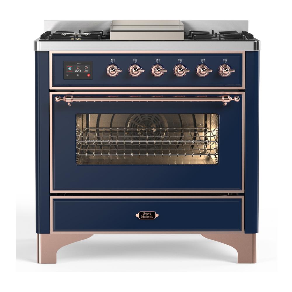 ILVE UM36FNR3MBP Majestic III 36 inch Dual Fuel Range with 6 Black Brass Burners and Griddle, Dual Function Burner up to 25,000 BTU (Triple Glass Door, Midnight Blue, Copper, Natural Gas)