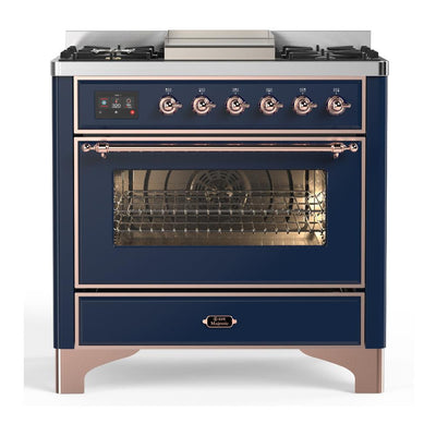 ILVE UM36FNR3MBP Majestic III 36 inch Dual Fuel Range with 6 Black Brass Burners and Griddle, Dual Function Burner up to 25,000 BTU (Triple Glass Door, Midnight Blue, Copper, Natural Gas)