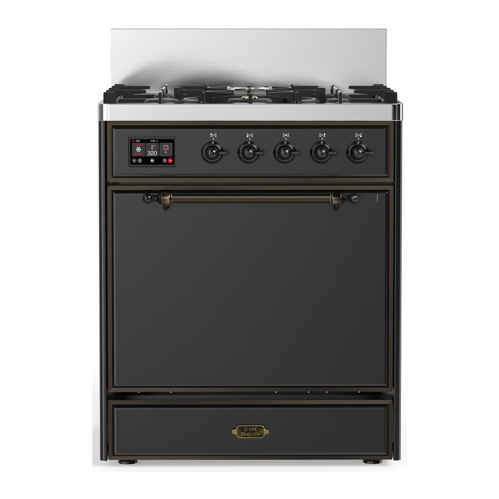 ILVE UM30QNR3MGB Majestic III 30 inch Dual Fuel Range with 5 Black Brass Burners, Dual Function Burner up to 25,000 BTU (Natural Gas, Solid Door, Graphite Matte, Burnished)