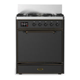 ILVE UM30QNR3MGB Majestic III 30 inch Dual Fuel Range with 5 Black Brass Burners, Dual Function Burner up to 25,000 BTU (Natural Gas, Solid Door, Graphite Matte, Burnished)