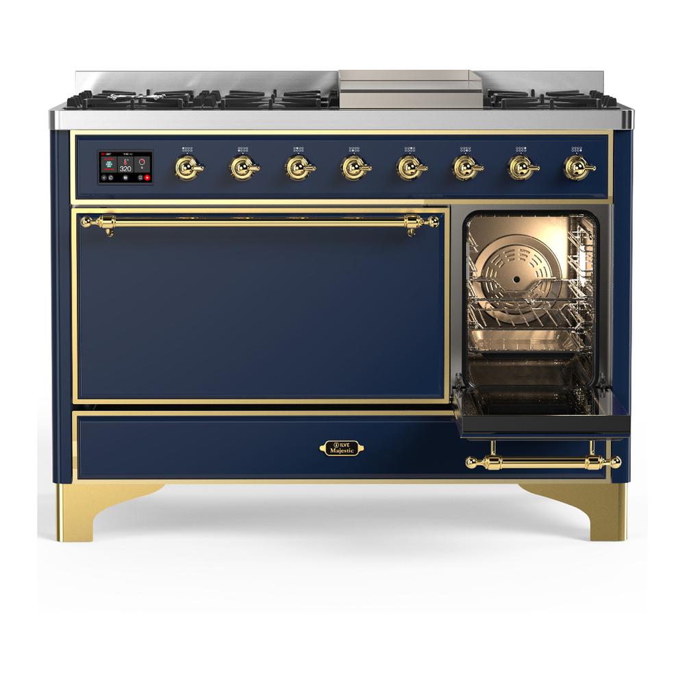 ILVE UM48FQNR3MBGLP Majestic III 48 inch Dual Fuel Range with 8 Burners and Griddle, Dual Function Burner up to 25,000 BTU (Liquid Propane, Solid Door, Midnight Blue, Brass)