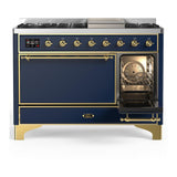 ILVE UM48FQNR3MBGLP Majestic III 48 inch Dual Fuel Range with 8 Burners and Griddle, Dual Function Burner up to 25,000 BTU (Liquid Propane, Solid Door, Midnight Blue, Brass)