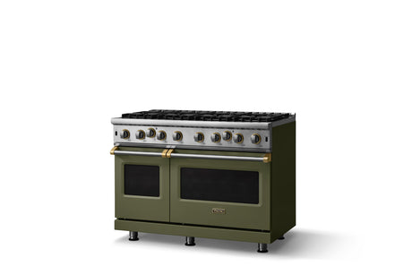 48"W. Open Burner Gas Range (Finish: Martini, Trim: Brushed Brass, Fuel: Natural Gas)