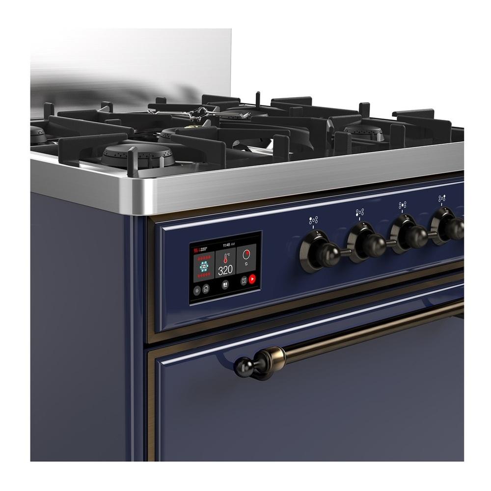 ILVE UM30QNR3MBB Majestic III 30 inch Dual Fuel Range with 5 Black Brass Burners, Dual Function Burner up to 25,000 BTU (Natural Gas, Solid Door, Midnight Blue, Burnished)