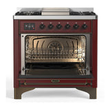 ILVE UM36FQNR3BUBLP Majestic III 36 inch Dual Fuel Range with 6 Black Brass Burners and Griddle, Dual Function Burner up to 25,000 BTU (Solid Door, Burgundy, Burnished, Liquid Propane)