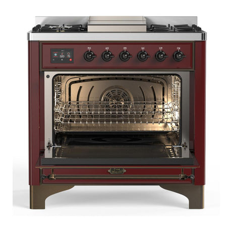 ILVE UM36FQNR3BUBLP Majestic III 36 inch Dual Fuel Range with 6 Black Brass Burners and Griddle, Dual Function Burner up to 25,000 BTU (Solid Door, Burgundy, Burnished, Liquid Propane)