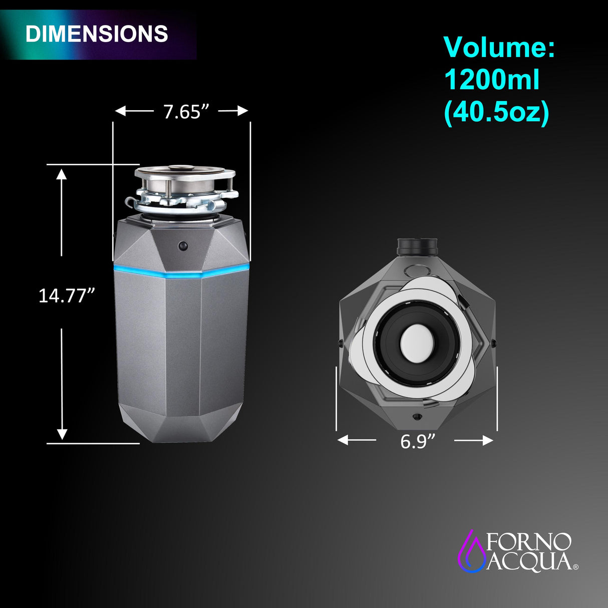 FORNO ACQUA BrightDIAMOND Black Onyx 3/4HP Super Quiet Garbage Disposal Corded with Motion Sensor Cabinet Light & Pre-Wired Air Switch
