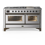 ILVE UM60FNR3SSB Majestic III 60 inch Dual Fuel Range with 9 Burners and Griddle, Dual Function Burner up to 25,000 BTU (Natural Gas, Triple Glass Door, Stainless Steel, Burnished)