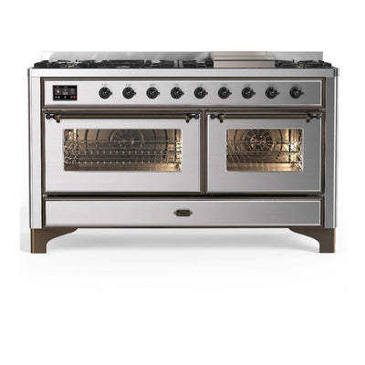 ILVE UM60FNR3SSB Majestic III 60 inch Dual Fuel Range with 9 Burners and Griddle, Dual Function Burner up to 25,000 BTU (Natural Gas, Triple Glass Door, Stainless Steel, Burnished)