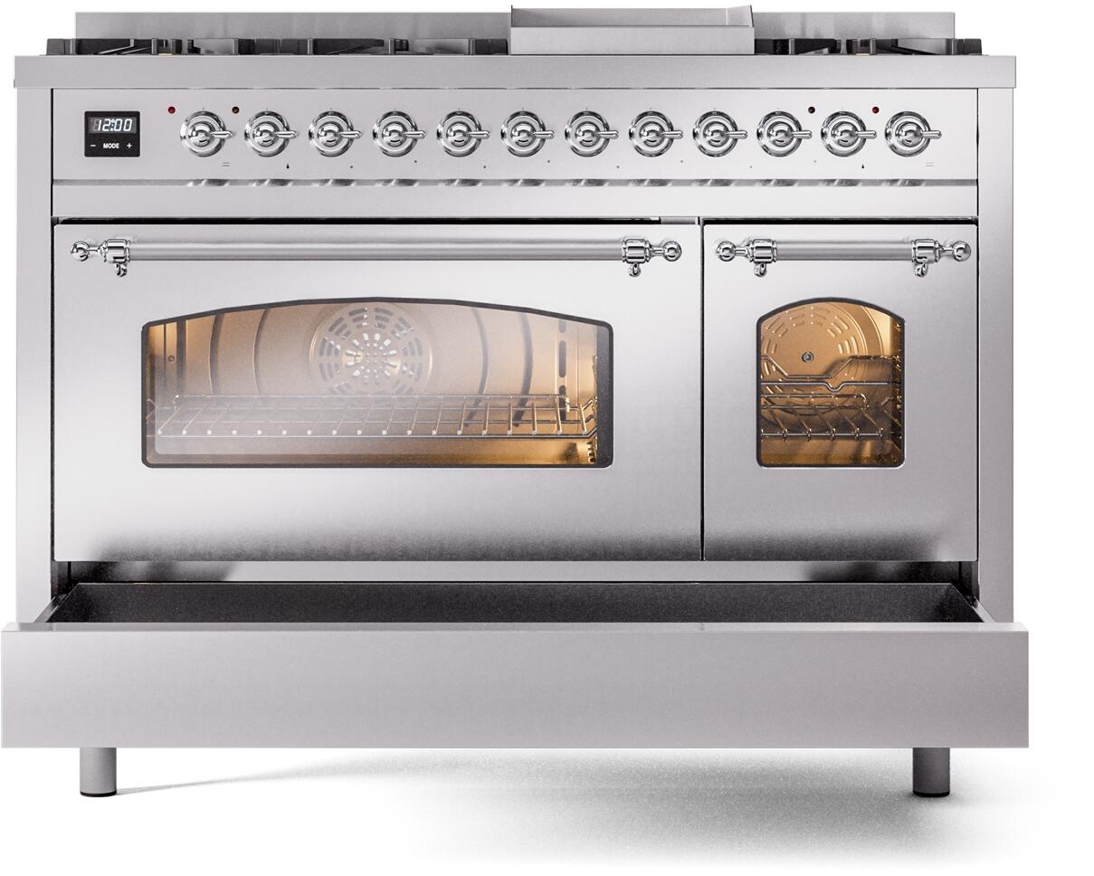 Nostalgie II 48 Inch Dual Fuel Natural Gas Freestanding Range in Stainless Steel with Chrome Trim