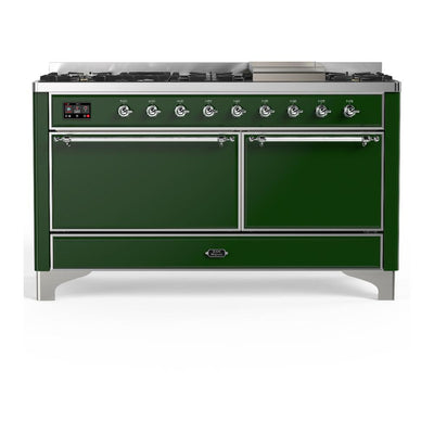ILVE UM60FQNR3EGCLP Majestic III 60 inch Dual Fuel Range with 9 Burners and Griddle, Dual Function Burner up to 25,000 BTU (Liquid Propane, Solid Door, Emerald Green, Chrome)