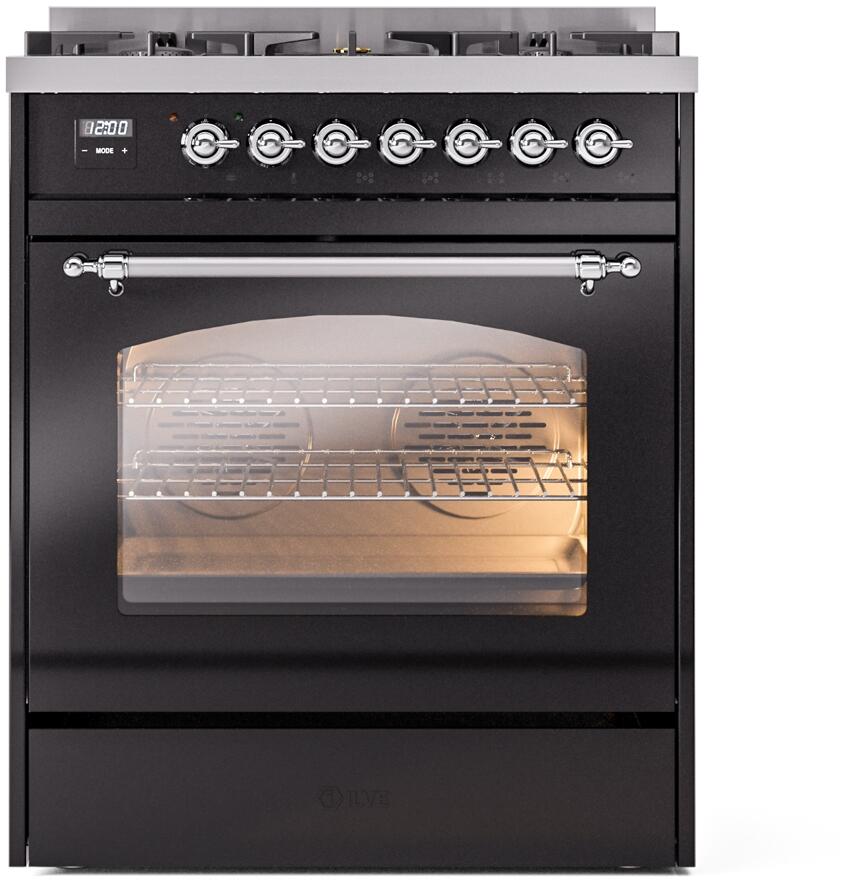 Nostalgie II 30 Inch Dual Fuel Liquid Propane Freestanding Range in Glossy Black with Chrome Trim