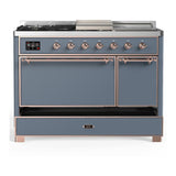 ILVE UM48FSQNR3BGPLP Majestic III 48 inch Dual Fuel Range with 5 Black Brass Burners, Griddle and French Top, Dual Function Burner up to 25,000 BTU (Liquid Propane, Solid Door, Blue Grey, Copper)