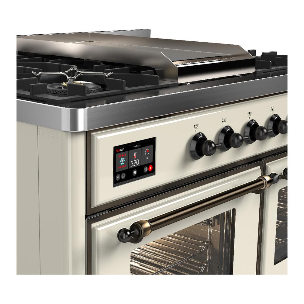 ILVE UMD40FNR3AWBLP Majestic III 40 inch Dual Fuel Range with 6 Burners and Griddle, Dual Function Burner up to 25,000 BTU (Liquid Propane, Triple Glass Door, Antique White, Burnished)