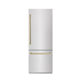 ZLINE Autograph Edition 30 in. 16.1 cu. ft. Built-In Bottom Freezer Refrigerator with Water Dispenser and Ice Maker in DuraSnow' Stainless Steel with Graphite Gray Interior and Champagne Bronze Accents (GRBIVZ-SN-30-CB)