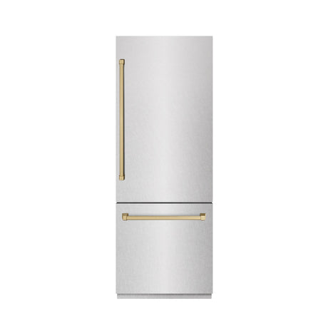 ZLINE Autograph Edition 30 in. 16.1 cu. ft. Built-In Bottom Freezer Refrigerator with Water Dispenser and Ice Maker in DuraSnow' Stainless Steel with Graphite Gray Interior and Champagne Bronze Accents (GRBIVZ-SN-30-CB)