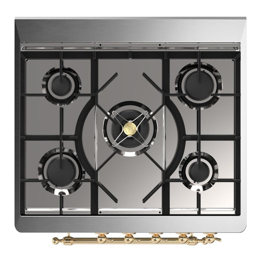 ILVE UM30NR3BUG Majestic III 30 inch Dual Fuel Range with 5 Black Brass Burners, Dual Function Burner up to 25,000 BTU (Natural Gas, Triple Glass Door, Burgundy, Brass)