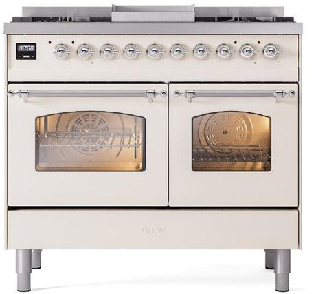 Nostalgie II 40 Inch Dual Fuel Natural Gas Freestanding Range in Antique White with Chrome Trim