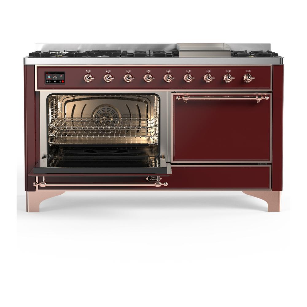 ILVE UM60FQNR3BUP Majestic III 60 inch Dual Fuel Range with 9 Burners and Griddle, Dual Function Burner up to 25,000 BTU (Natural Gas, Solid Door, Burgundy, Copper)