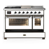 ILVE UM48FSNR3WHB Majestic III 48 inch Dual Fuel Range with 5 Black Brass Burners, Griddle and French Top, Dual Function Burner up to 25,000 BTU (Natural Gas, Triple Glass Door, White, Burnished)