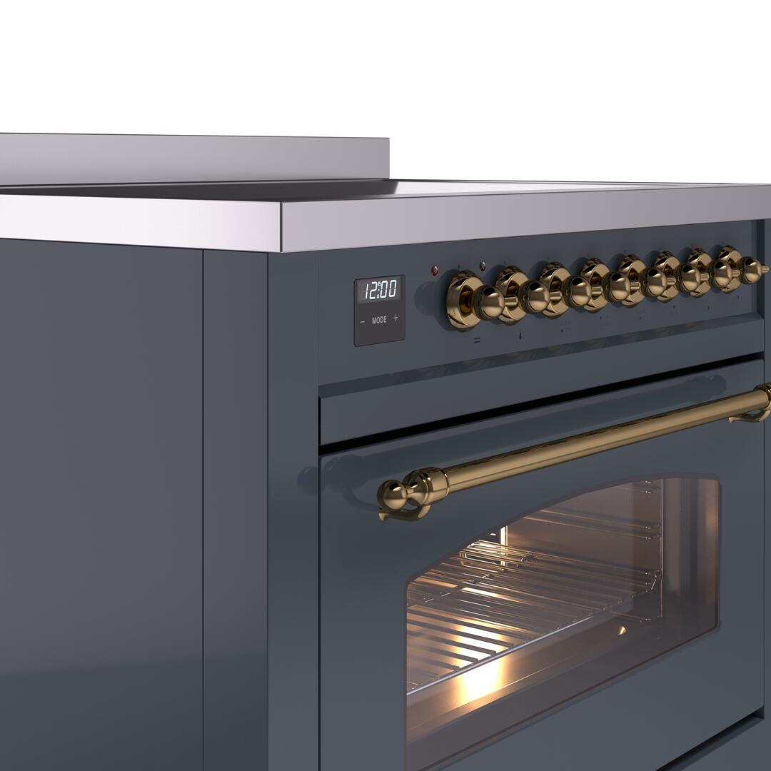 Nostalgie II 36 Inch Electric Freestanding Range in Blue Grey with Brass Trim