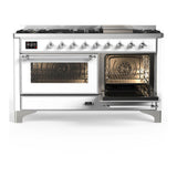 ILVE UM60FNR3WHC Majestic III 60 inch Dual Fuel Range with 9 Burners and Griddle, Dual Function Burner up to 25,000 BTU (Natural Gas, Triple Glass Door, White, Chrome)