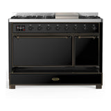 ILVE UM48FQNR3BKB Majestic III 48 inch Dual Fuel Range with 8 Burners and Griddle, Dual Function Burner up to 25,000 BTU (Natural Gas, Solid Door, Glossy Black, Burnished)