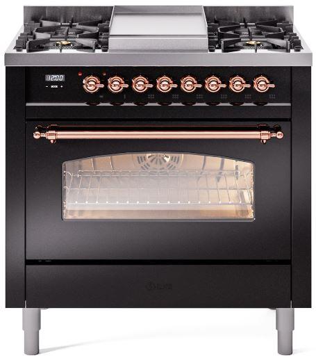 Nostalgie II 36 Inch Dual Fuel Natural Gas Freestanding Range in Glossy Black with Copper Trim