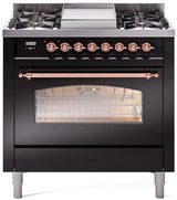 Nostalgie II 36 Inch Dual Fuel Natural Gas Freestanding Range in Glossy Black with Copper Trim