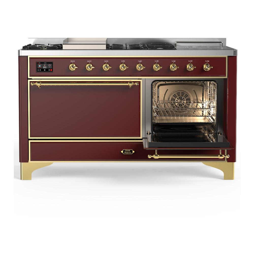 ILVE UM60FSQNR3BUGLP Majestic III 60 inch Dual Fuel Range with 7 Burners, Griddle and French Top, Dual Function Burner with up to 25,000 BTU (Liquid Propane, Solid Door, Burgundy, Brass)