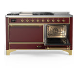 ILVE UM60FSQNR3BUGLP Majestic III 60 inch Dual Fuel Range with 7 Burners, Griddle and French Top, Dual Function Burner with up to 25,000 BTU (Liquid Propane, Solid Door, Burgundy, Brass)