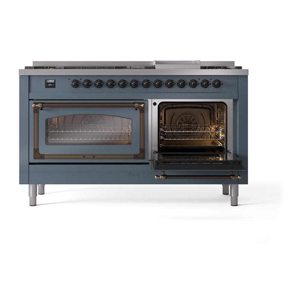 ILVE UN60FNMPBGB Nostalgie II Noblesse 60 inch Dual Fuel Range (9 Sealed Burners + Griddle, Natural Gas, Triple Glass Door, Blue Grey, Burnished)