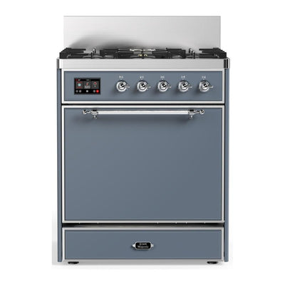 ILVE UM30QNR3BGCLP Majestic III 30 inch Dual Fuel Range with 5 Black Brass Burners, Dual Function Burner up to 25,000 BTU (Liquid Propane, Solid Door, Blue Grey, Chrome)