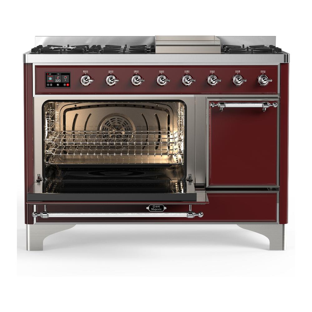 ILVE UM48FQNR3BUC Majestic III 48 inch Dual Fuel Range with 8 Burners and Griddle, Dual Function Burner up to 25,000 BTU (Natural Gas, Solid Door, Burgundy, Chrome)