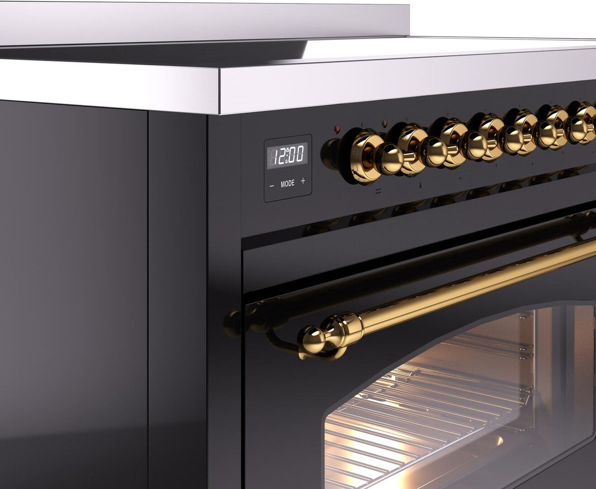 Nostalgie II 48 Inch Electric Freestanding Range in Glossy Black with Brass Trim
