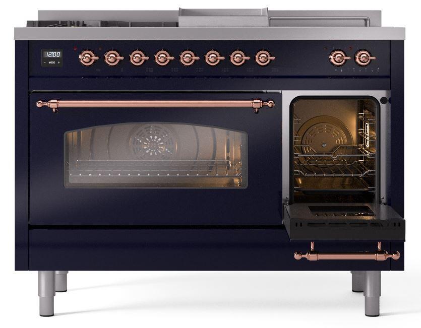 Nostalgie II 48 Inch Dual Fuel Liquid Propane Freestanding Range in Blue with Copper Trim