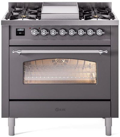 Nostalgie II 36 Inch Dual Fuel Natural Gas Freestanding Range in Matte Graphite with Chrome Trim