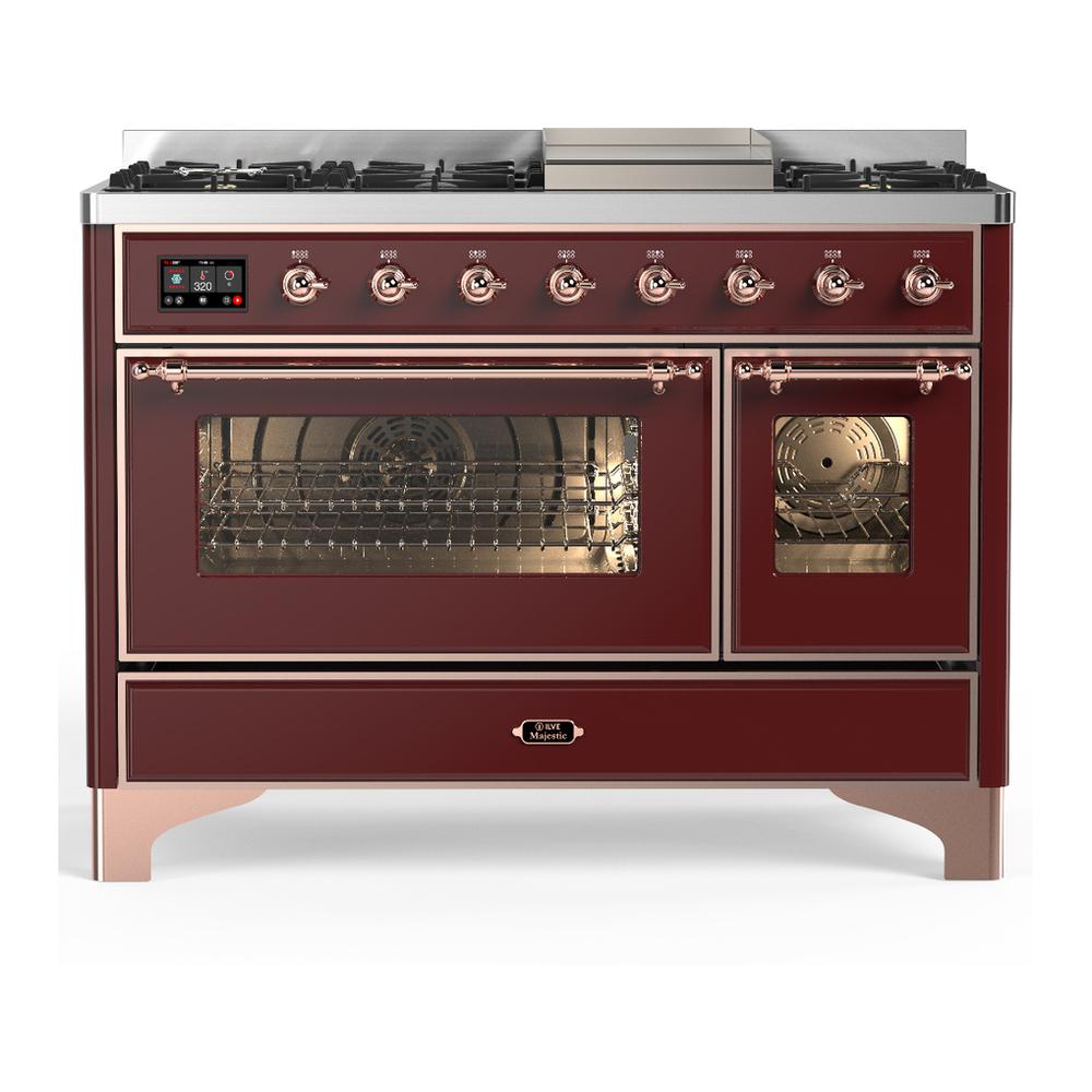 ILVE UM48FNR3BUP Majestic III 48 inch Dual Fuel Range with 8 Burners and Griddle, Dual Function Burner up to 25,000 BTU (Natural Gas, Triple Glass Door, Burgundy, Copper)