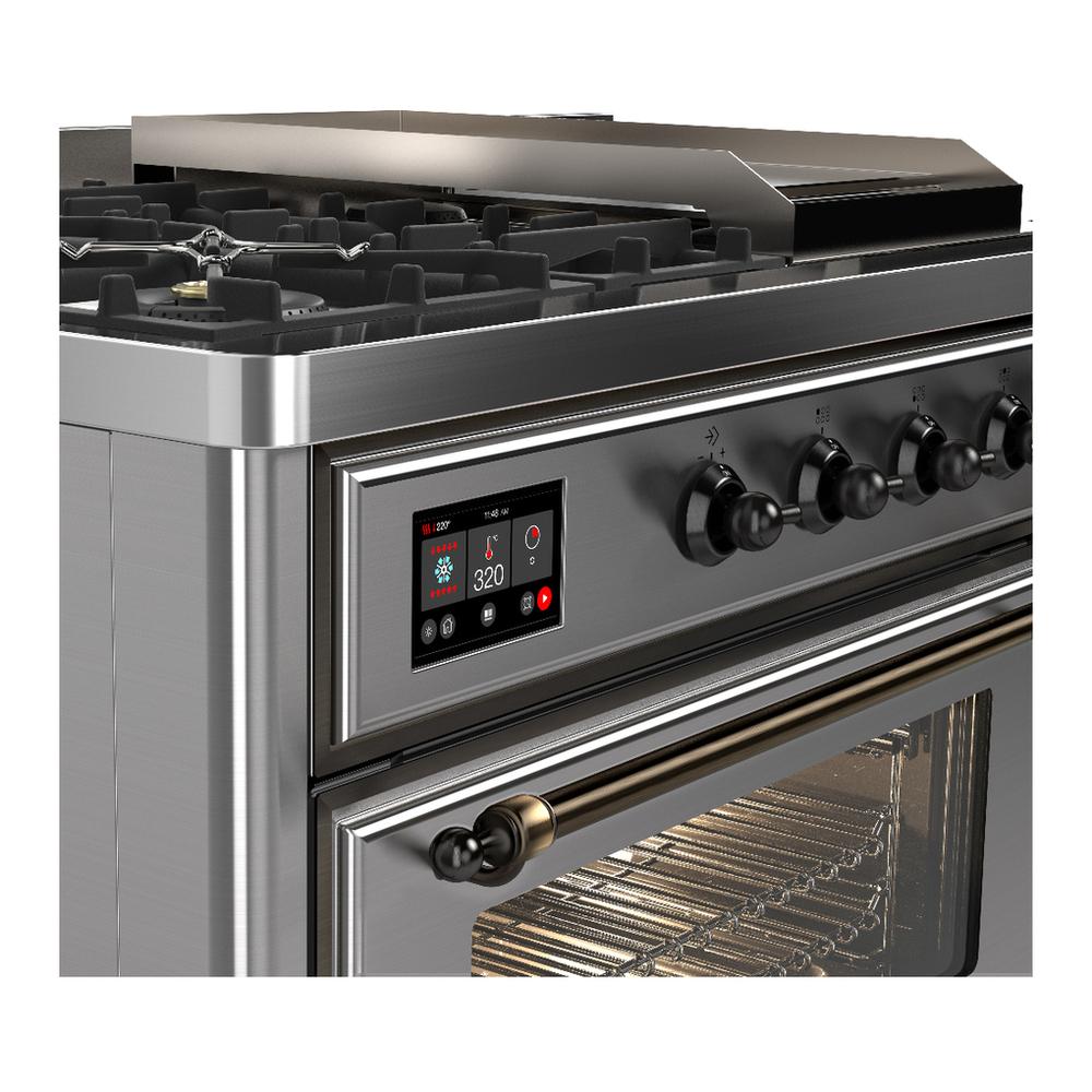 ILVE UM48FSNR3SSB Majestic III 48 inch Dual Fuel Range with 5 Black Brass Burners, Griddle and French Top, Dual Function Burner up to 25,000 BTU (Natural Gas, Triple Glass Door, Stainless Steel, Burnished)