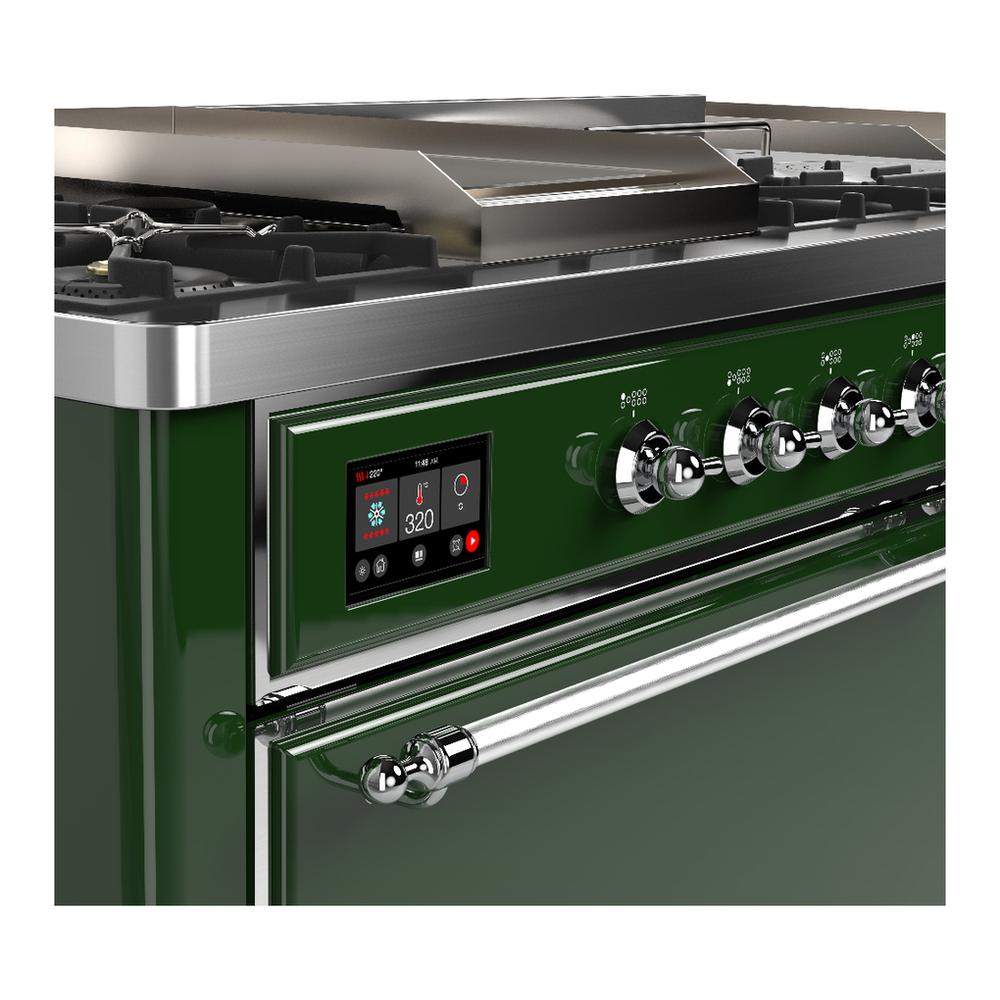 ILVE UM60FSQNR3EGC Majestic III 60 inch Dual Fuel Range with 7 Burners, Griddle and French Top, Dual Function Burner with up to 25,000 BTU (Natural Gas, Solid Door, Emerald Green, Chrome)