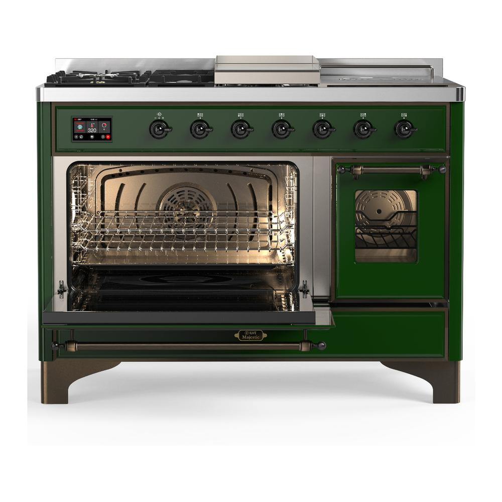 ILVE UM48FSNR3EGB Majestic III 48 inch Dual Fuel Range with 5 Black Brass Burners, Griddle and French Top, Dual Function Burner up to 25,000 BTU (Natural Gas, Triple Glass Door, Emerald Green, Burnished)
