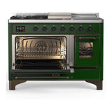 ILVE UM48FSNR3EGB Majestic III 48 inch Dual Fuel Range with 5 Black Brass Burners, Griddle and French Top, Dual Function Burner up to 25,000 BTU (Natural Gas, Triple Glass Door, Emerald Green, Burnished)