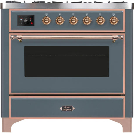 Majestic II 36 Inch Dual Fuel Natural Gas Freestanding Range in Blue Grey with Copper Trim