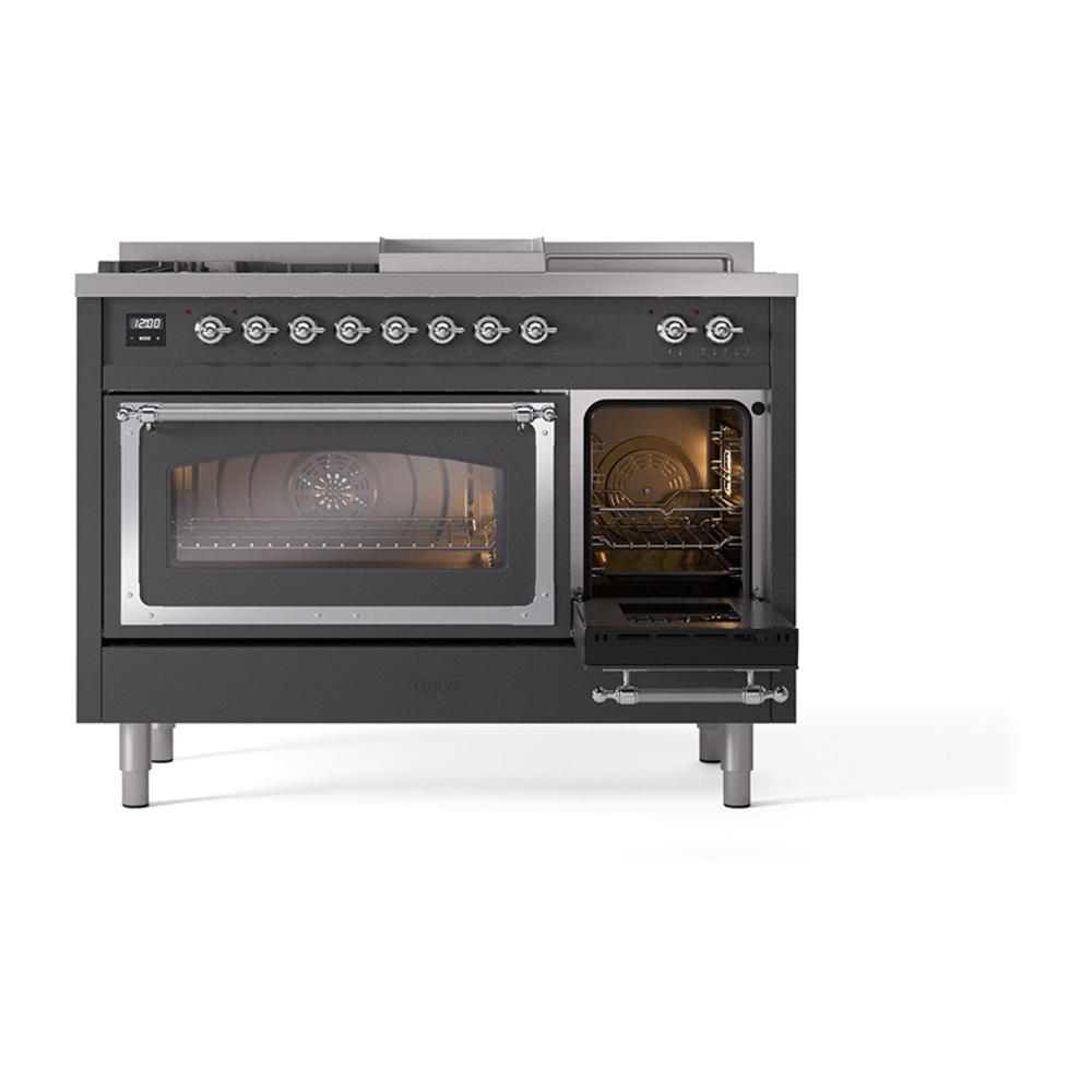 ILVE UN48FSNMPMGCLP Nostalgie II Noblesse 48 inch Dual Fuel Range (5 Sealed Burners + Griddle + French Top, Liquid Propane, Triple Glass Door, Graphite Matte, Chrome)