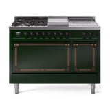 ILVE UN48FSQNMPEGBLP Nostalgie II Noblesse 48 inch Dual Fuel Range (5 Sealed Burners + Griddle + French Top, Liquid Propane, Solid Door, Emerald Green, Burnished)