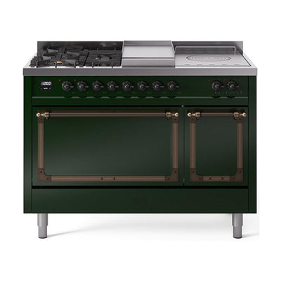 ILVE UN48FSQNMPEGBLP Nostalgie II Noblesse 48 inch Dual Fuel Range (5 Sealed Burners + Griddle + French Top, Liquid Propane, Solid Door, Emerald Green, Burnished)