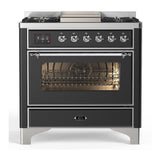 ILVE UM36FNR3MGCLP Majestic III 36 inch Dual Fuel Range with 6 Black Brass Burners and Griddle, Dual Function Burner up to 25,000 BTU (Triple Glass Door, Graphite Matte, Chrome, Liquid Propane)