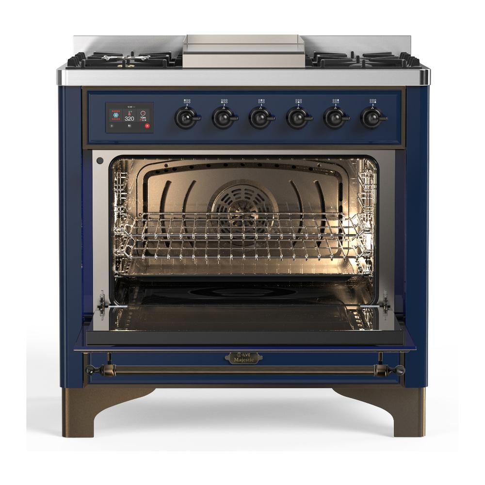 ILVE UM36FQNR3MBB Majestic III 36 inch Dual Fuel Range with 6 Black Brass Burners and Griddle, Dual Function Burner up to 25,000 BTU (Solid Door, Midnight Blue, Burnished, Natural Gas)